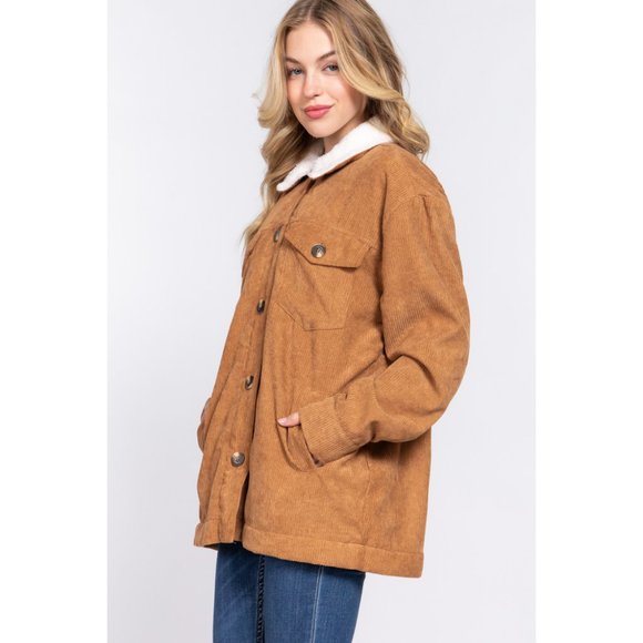 Camel Long Sleeve Inside Faux Fur with Pocket Corduroy Sherpa Jacket NWT - Picture 4 of 7